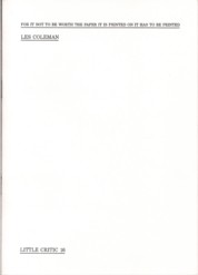 Little Critic Pamphlet No.16 For It Not To Be Worth